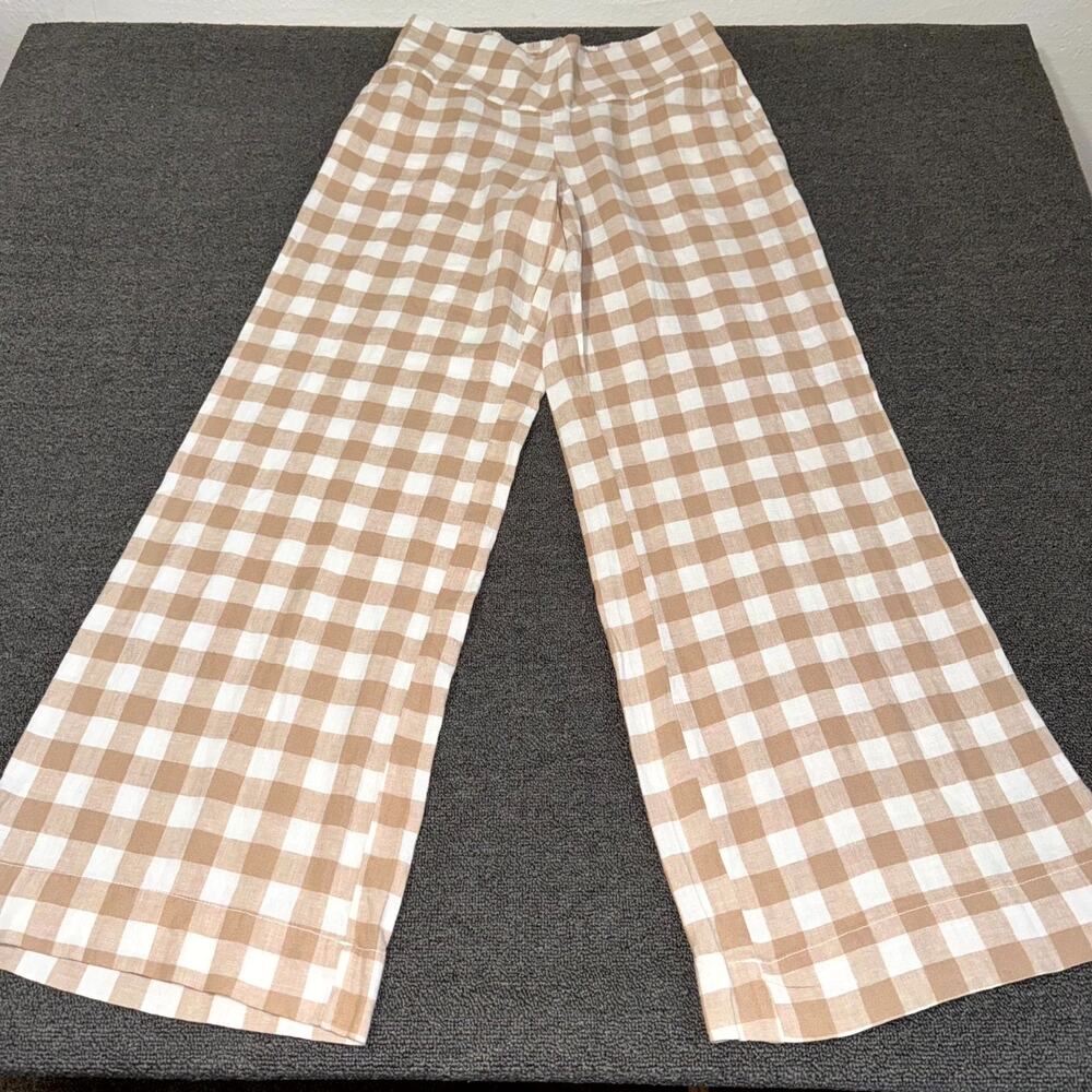 Cato Fashions Pants Women's Medium Beige Gingham High Rise Cottage Core Linen